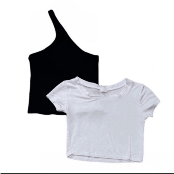 Crop top bundle. White short sleeves. One shoulder black ribbed. Size Small - Picture 4 of 4